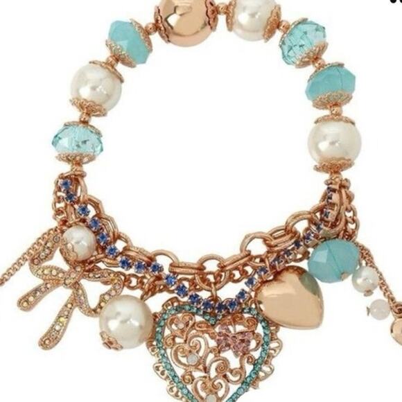 Betsey Johnson Rose Gold Tone Rhinestone Faux Pearl Blue Beads Stretch Bracelet - Picture 11 of 11